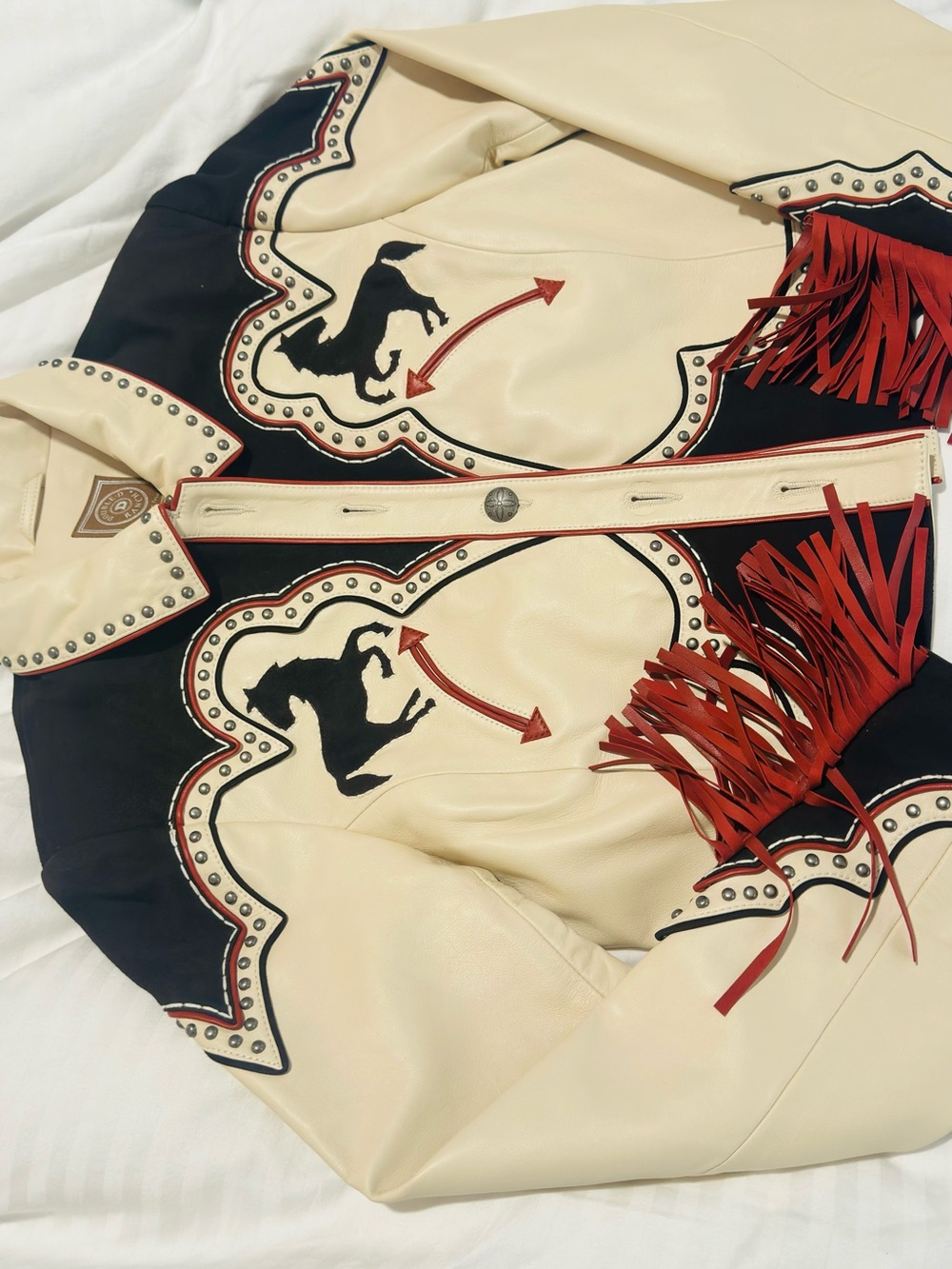 Western Fringe Leather Jacket - Cream & Black with Red Accents